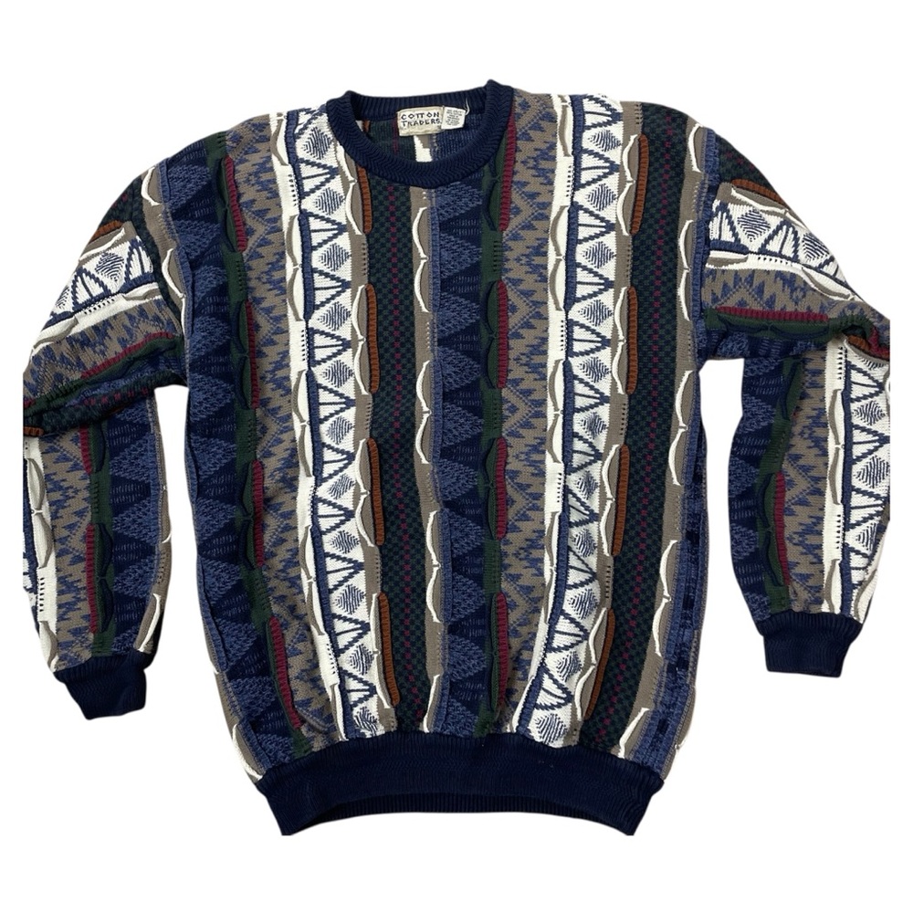 Vtg 80s Cotton Traders 3D Knit Sweater Coogi Style 2X Blue Grandpa Street Retro